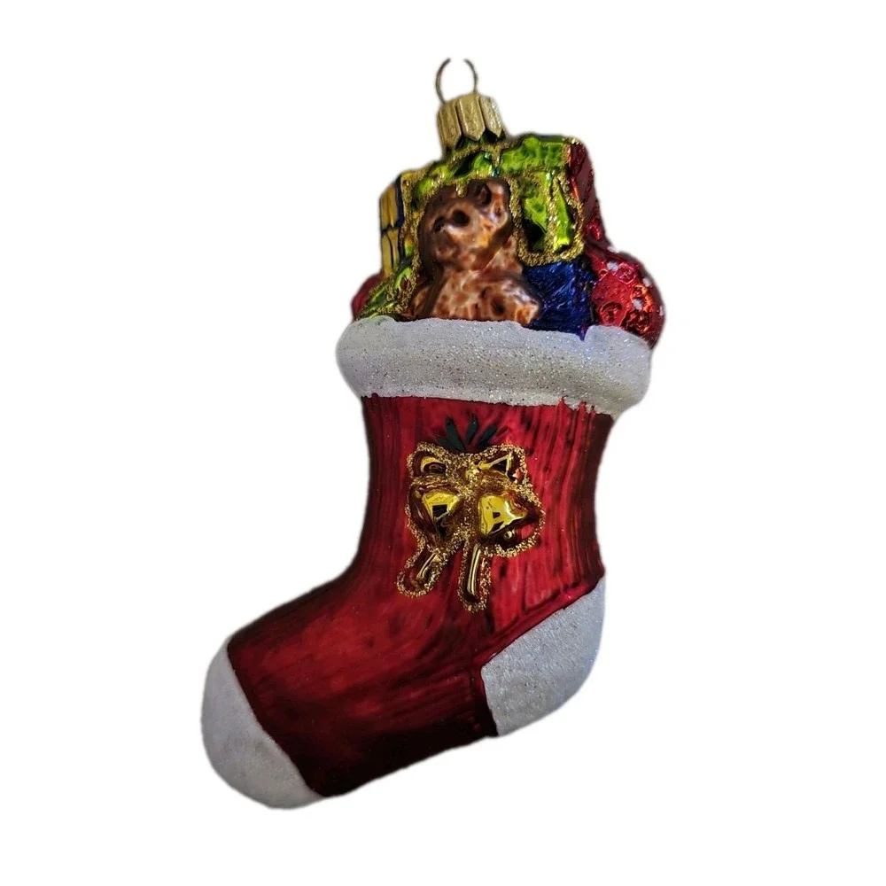 Max Glass Poland Red Stocking Ornament Hand Blown Painted Glitter Christmas Bear